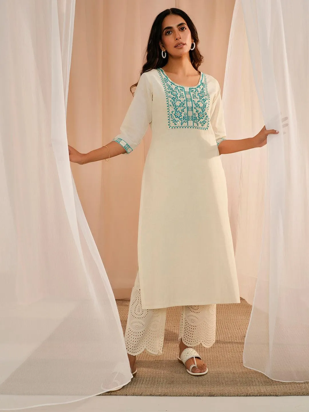 1_f61df170-42b9-4246-99a9-0e966504a6cb.webp Off White Yoke Design Cotton Straight Kurta - Image 1