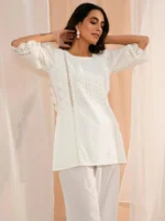 White Embroidered Cotton Straight Kurti - Image 2