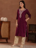 Maroon Woven Design Cotton Straight Kurta - Image 4